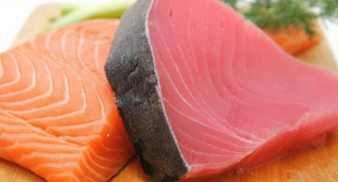 mięso z tuńczyka (z prawej) i ryby z rodziny łososiowatych (z lewej) - tuńczyk i łosoś ryby mięso